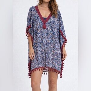Simply Southern Blue Pink Boho Festival Tassel Beach Cover-Up Coastal M/L - EUC